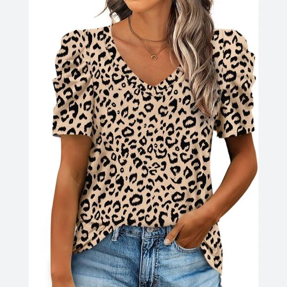 NWT XIEERDUO Animal Print V-Neck Puffed Sleeve Top Tan Black Blouse Size Small - Picture 1 of 5